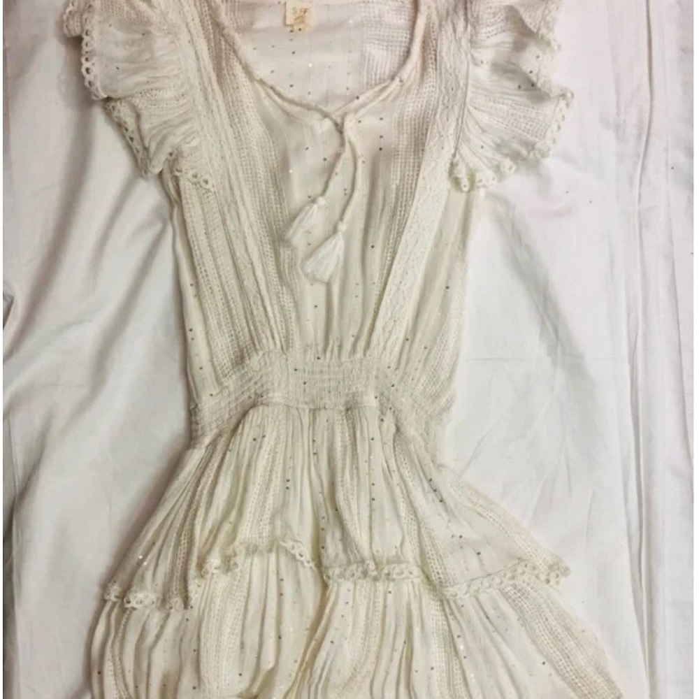 Surf Gypsy 💫 Ivory White Sequin Smocked Boho Coverup Mini Dress + Ruffles Sz Med - Picture 9 of 9